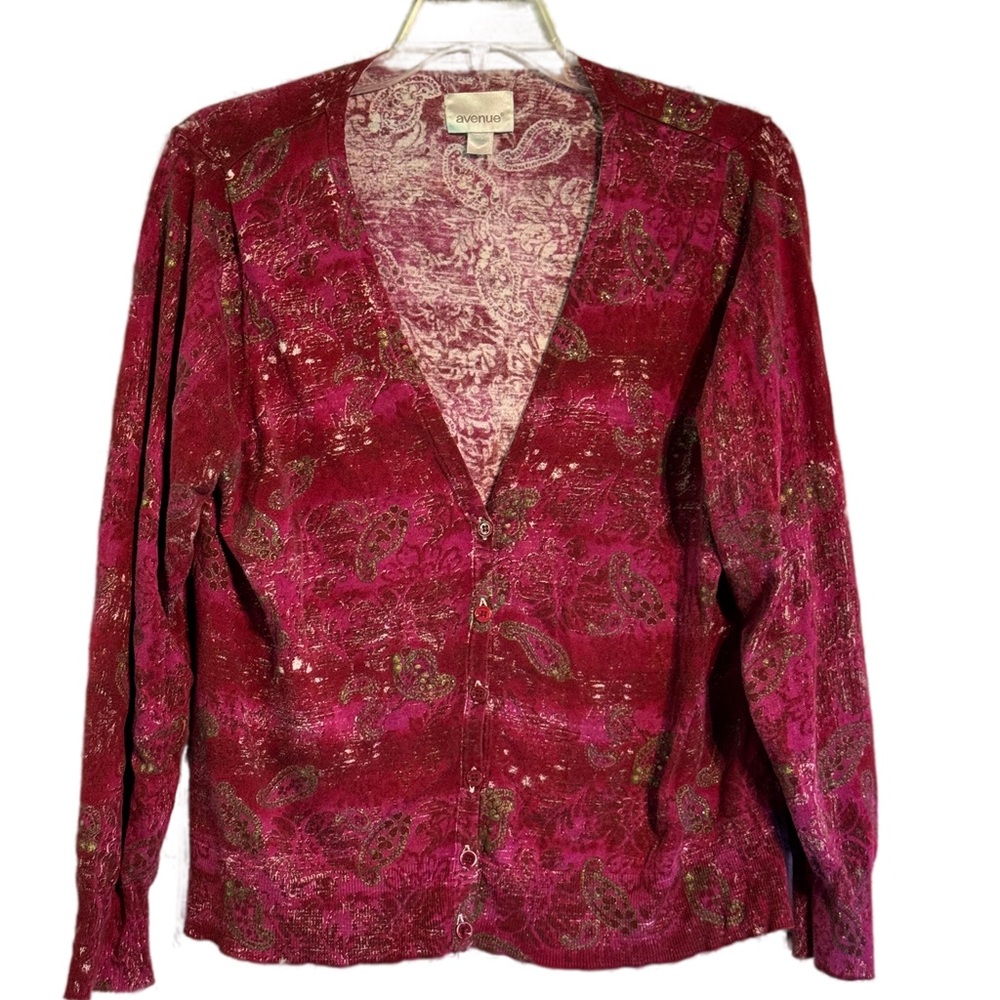 2 for $20 Avenue lightweight cardigan sweater, vibrant, cranberry, gold Paisley